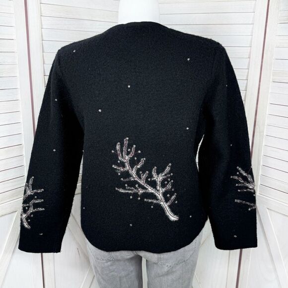 Frost Hand Knit Iced Tree Branches Beaded Wool Cardigan Sweater Black Large - Picture 4 of 11